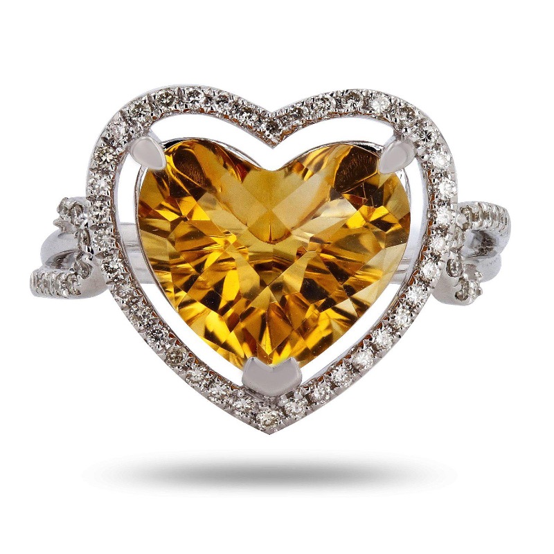 Photo 3 of 14K White Gold Citrine & Diamond Heart Ring W MSRP Appraisal (Approx. Size 6-7)  RN027737