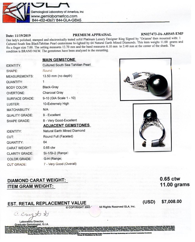 Photo 4 of Solid Platinum Luxury Designer South Sea Black Tahitian Pearl & Diamond Ring W. MSRP Appraisal (Size 7)    RN027473