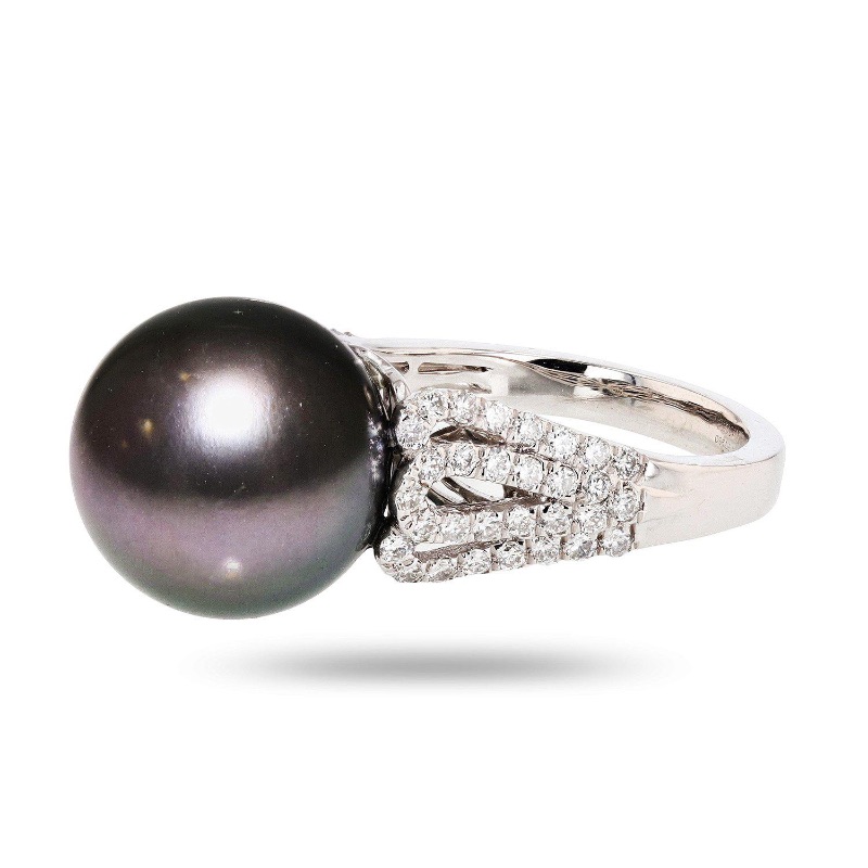 Photo 1 of Solid Platinum Luxury Designer South Sea Black Tahitian Pearl & Diamond Ring W. MSRP Appraisal (Size 7)    RN027473