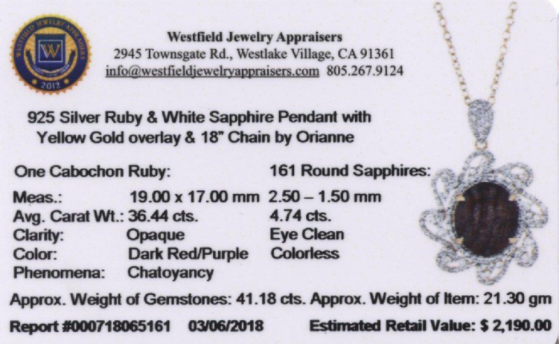 Photo 4 of 925 Silver Ruby and 4.74 White Sapphire Pendant W Yellow Gold Overlay 18" Chain by Orianne    S15154