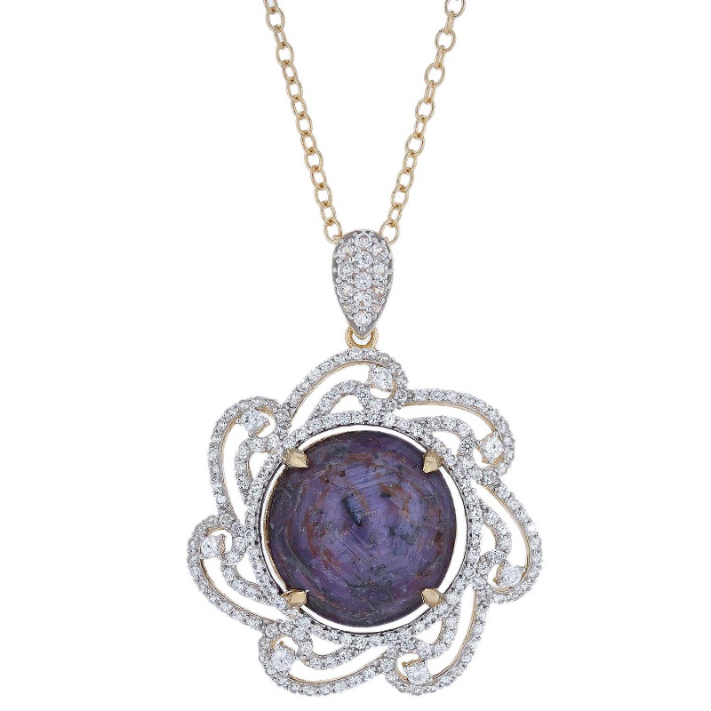 Photo 1 of 925 Silver 63.46 cts Purple Sapphire & 4.37 cts White Sapphire Pendant W. Yellow Overlay 18" Chain by Orianne   S41454
