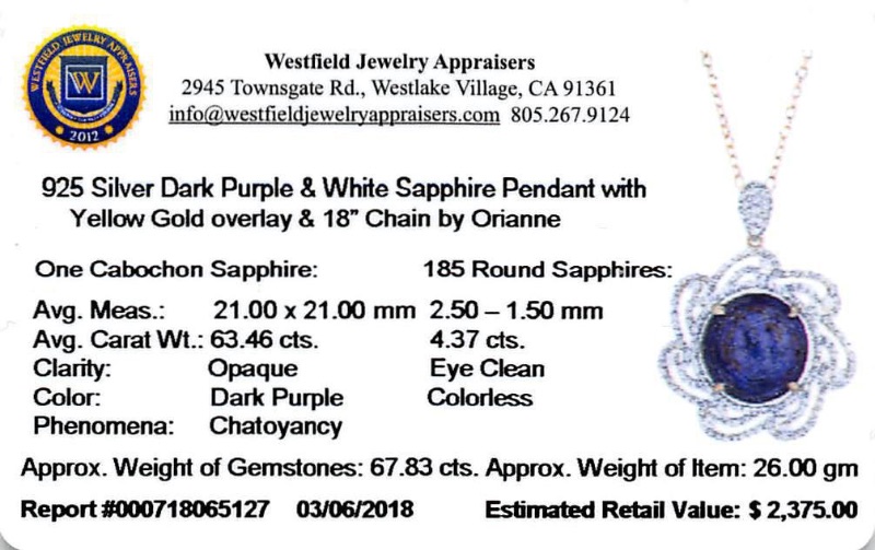 Photo 3 of 925 Silver 63.46 cts Purple Sapphire & 4.37 cts White Sapphire Pendant W. Yellow Overlay 18" Chain by Orianne   S41454