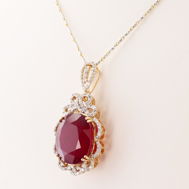 Photo 3 of 14K Yellow Gold Custom Made 28.42 Ruby and Diamond Pendant on 18" Link Chain W. MSRP Appraisal  NK015094