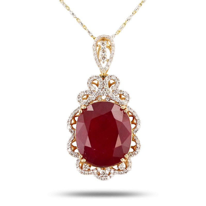 Photo 2 of 14K Yellow Gold Custom Made 28.42 Ruby and Diamond Pendant on 18" Link Chain W. MSRP Appraisal  NK015094