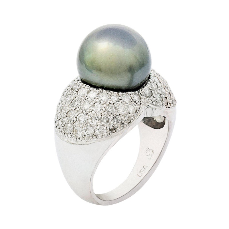 Photo 1 of 14K White Gold 12.0 mm Tahitian Pearl and 1.9ct Diamond Ring W. MSRP Appraisal (Approx. Size 6-7) RN019899