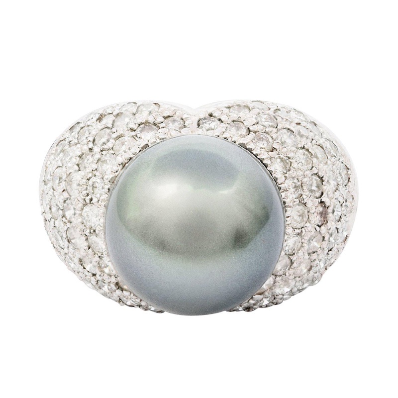 Photo 3 of 14K White Gold 12.0 mm Tahitian Pearl and 1.9ct Diamond Ring W. MSRP Appraisal (Approx. Size 6-7) RN019899