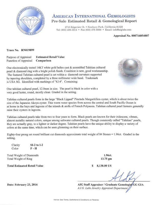 Photo 1 of 14K White Gold 12.0 mm Tahitian Pearl and 1.9ct Diamond Ring W. MSRP Appraisal (Approx. Size 6-7) RN019899