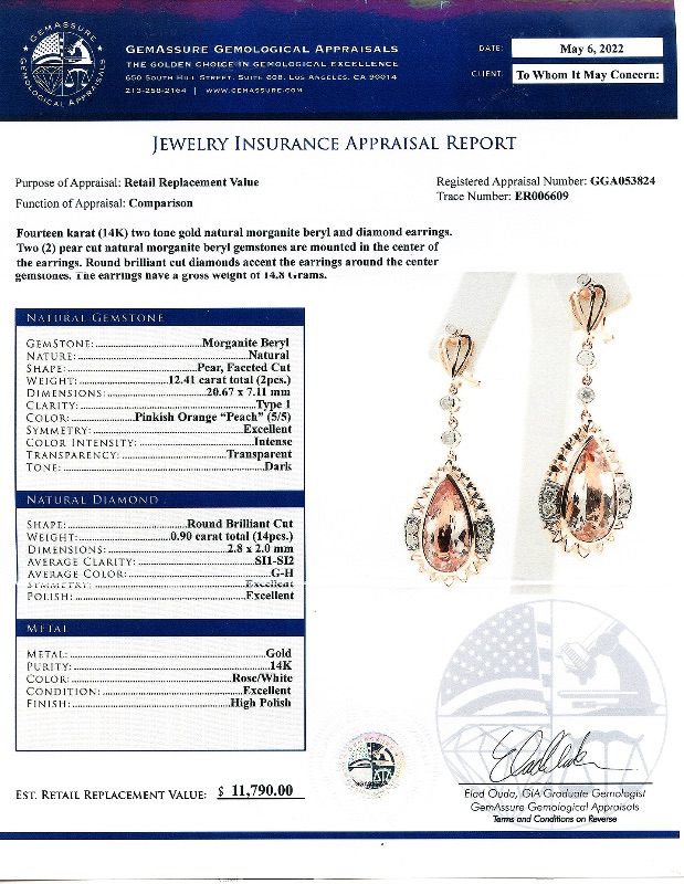 Photo 4 of 14K Two Tone Gold 12.41 Natural Pear Shaped Morganite Earrings  W MSRP Appraisal ER006609