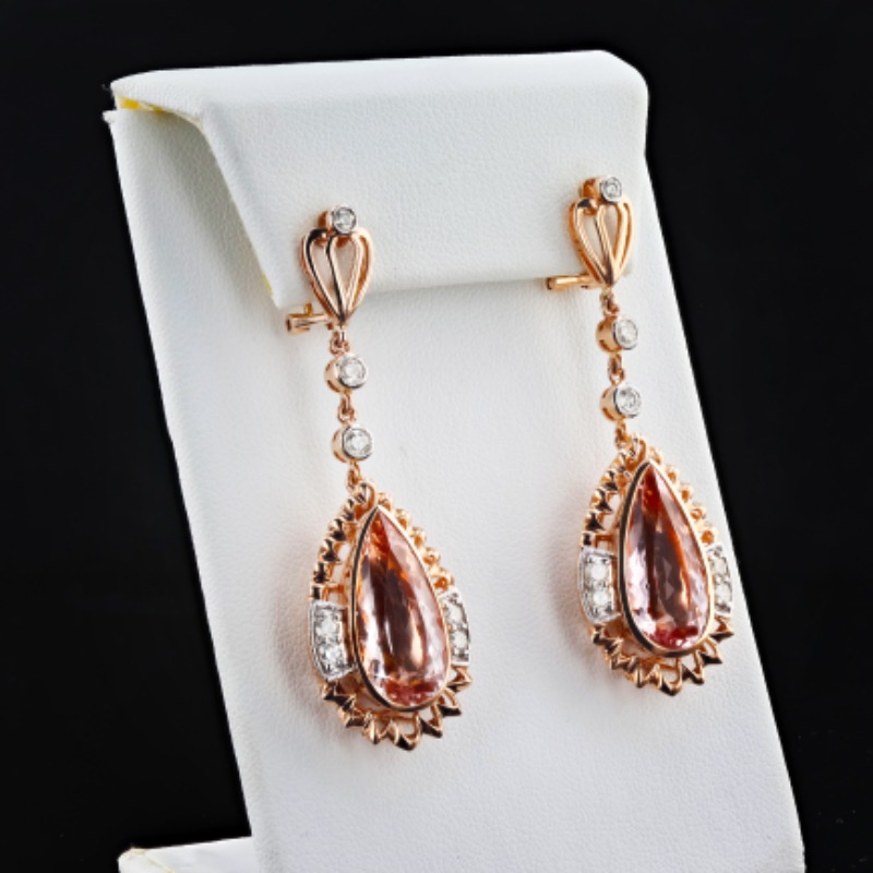 Photo 3 of 14K Two Tone Gold 12.41 Natural Pear Shaped Morganite Earrings  W MSRP Appraisal ER006609