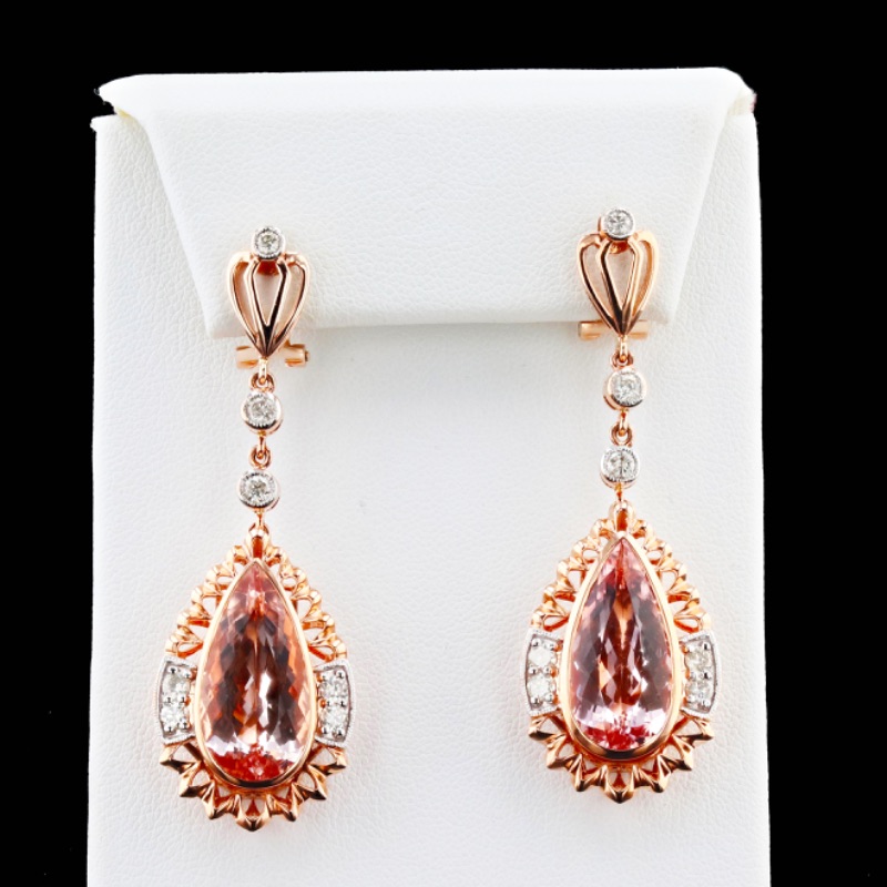 Photo 1 of 14K Two Tone Gold 12.41 Natural Pear Shaped Morganite Earrings  W MSRP Appraisal ER006609