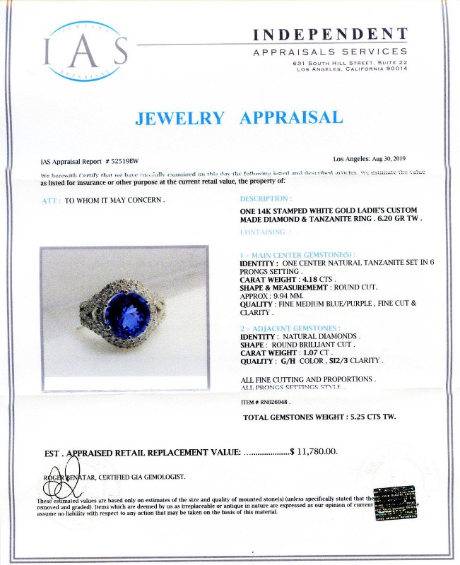 Photo 4 of 14K White Gold Custom Made 4.18 ct Tanzanite and 1.07 ct Diamond Ring W. MSRP Appraisal (Approx. Size 6-7)   RN026948 