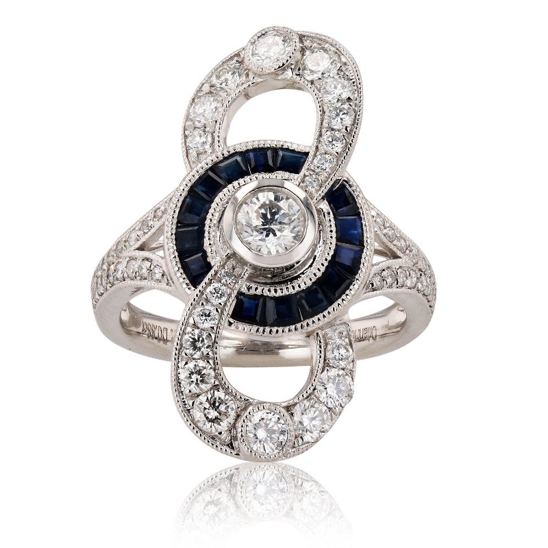 Photo 1 of Platinum -0.29ct Diamond and 0.88ctw Blue Sapphire Ring W. MSRP Appraisal (Approx. Size 6-7)    RN027862