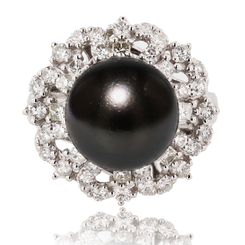 Photo 3 of Platinum Custom Made Black South Sea 12.40mm Pearl and 1.25 ct Diamond Ring W. MSRP Appraisal (Approx. Size 6-7)   RN028402