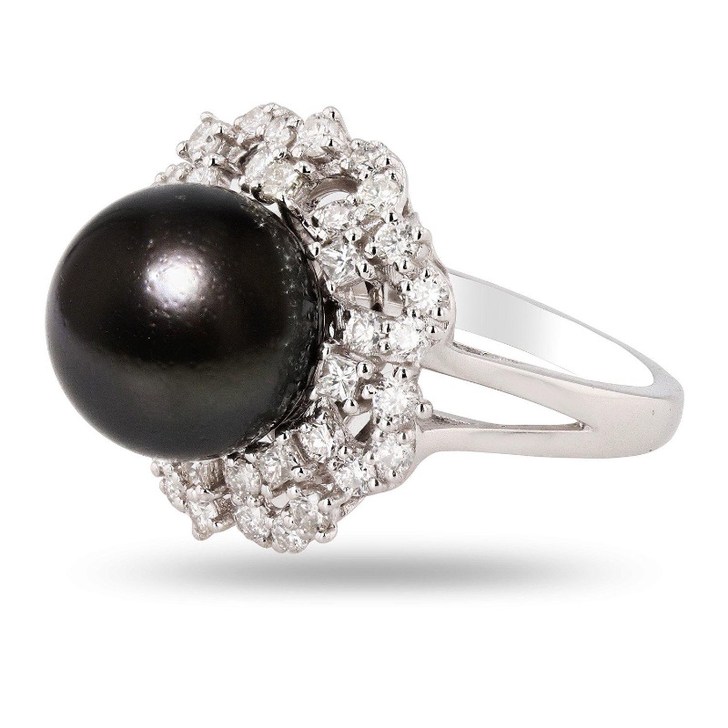 Photo 1 of Platinum Custom Made Black South Sea 12.40mm Pearl and 1.25 ct Diamond Ring W. MSRP Appraisal (Approx. Size 6-7)   RN028402