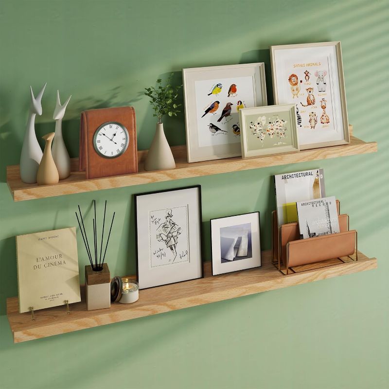 Photo 1 of Floating Picture Ledge Shelves 48 Inch Solid Oak Wood Set of 2, Rustic Wall Storage Shelves with Lip, Kids Bookshelf, Photo & Picture Ledge Shelves for Bedroom, Living Room, Kitchen