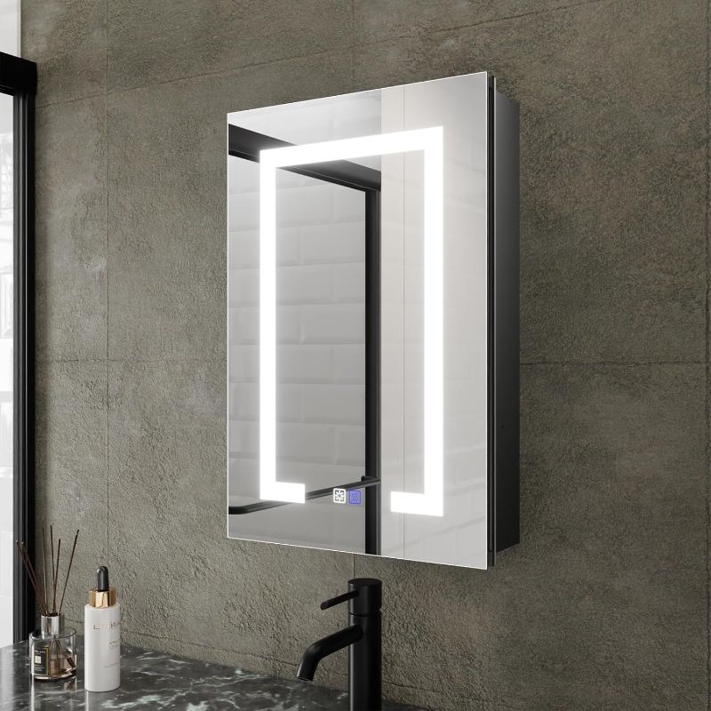 Photo 1 of 16 x 24 LED Lighted Bathroom Medicine Cabinet with Mirror, Recessed or Surface Mounted led Medicine Cabinet, Black Frame,Defog,Stepless Dimming,Adjustable Shelves,USB Port,Left Hinge