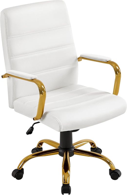 Photo 1 of aheetech Mid-Back Office Chair PU Leather Desk Chair Adjustable Executive Task Chair w/Lumber Support Gold Leg White Seat