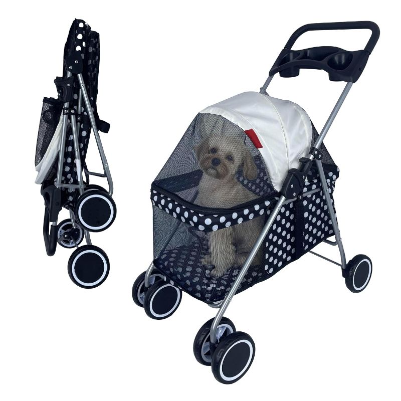 Photo 1 of 4 Wheels Posh Foldable Pet Stroller for Medium Small Dogs/Cats, Easy Fold, Waterproof Portable Dog Cat Stroller for Travel Shopping, with Large Pocket, Cup Holder,up to 33lbs(Black Dot)