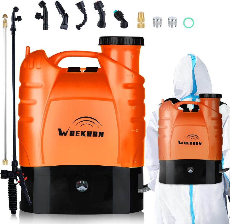 Photo 1 of 4 Gallon Battery Powered Backpack Sprayer Electric Garden Pump Sprayer with Lithium Battery for Long Time Spray Brass Telescope Wand and Multiple Nozzles for Spraying Cleaning?