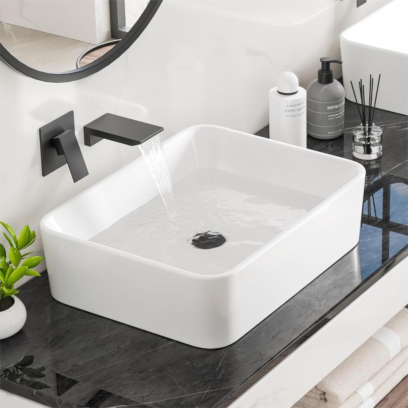 Photo 1 of Bathroom Vessel Sink, Eridanus 19" x 14" White Vessel Sink Rectangular Bathroom Sink Porcelain Ceramic Vessel Sinks for Bathroom Vanity Sink Above Counter Basin