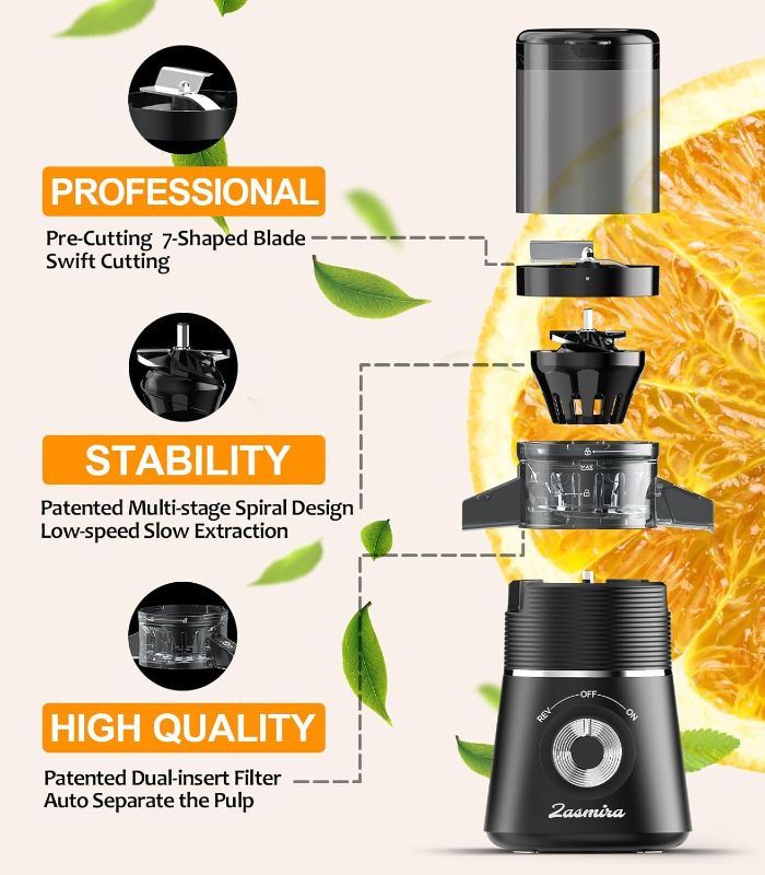 Photo 3 of Cold Press Juicer, Zasmira Slow Masticating Juicer with 4.13" Extra-wide chute, Whole Fruit Juicer Machines for Vegetables & Fruits, 98% Juice Purity, 2 Cups Included/Easy to Clean