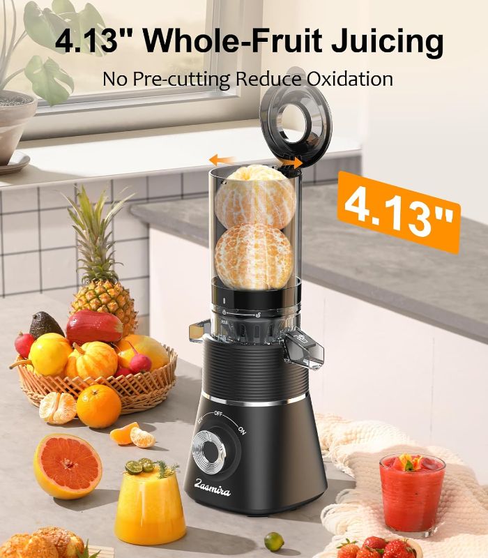 Photo 2 of Cold Press Juicer, Zasmira Slow Masticating Juicer with 4.13" Extra-wide chute, Whole Fruit Juicer Machines for Vegetables & Fruits, 98% Juice Purity, 2 Cups Included/Easy to Clean