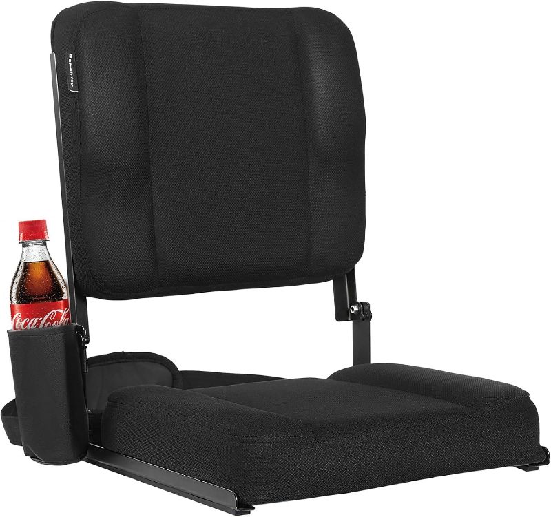 Photo 1 of Black Bleacher Chair for Sporting Events | Deluxe | Wide, Folding | Back Support, Comfort Cushion, Shoulder Strap, Cup Holder | Sporting Events, Concerts