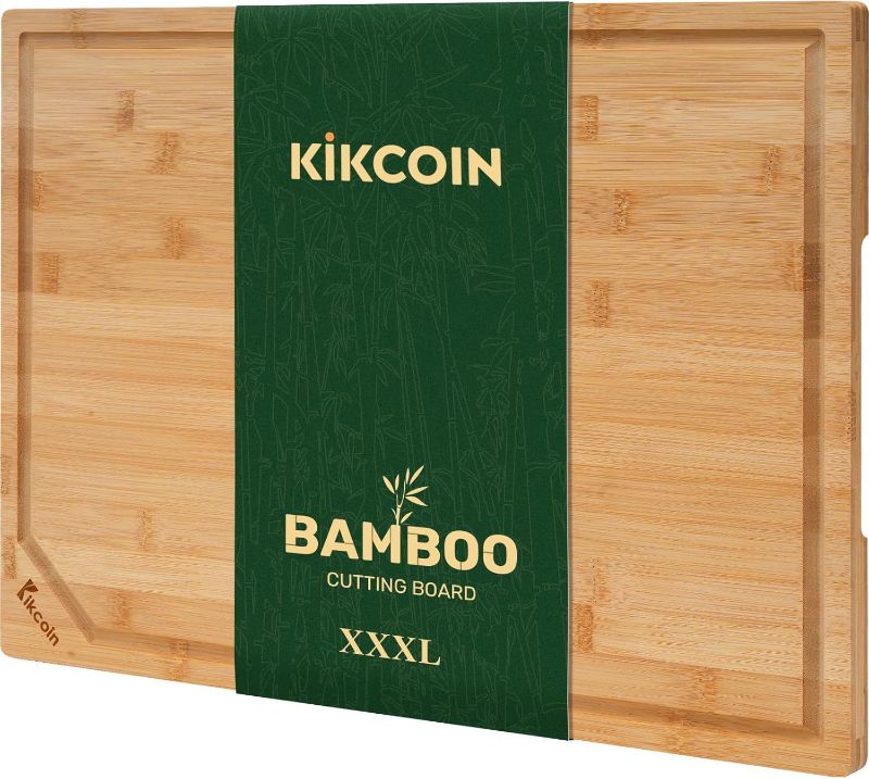 Photo 1 of Bamboo Cutting Boards for Kitchen, Extra Large Wood Cutting Board with Deep Juice Groove and Handle Heavy Duty Chopping board, Kikcoin,