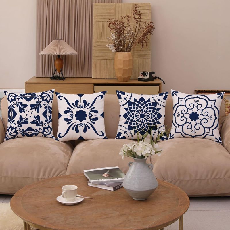 Photo 2 of Dark Blue Geometric Flower Decorative Throw Pillow Covers 18 x 18 Inch, Set of 4 Abstract Couch Pillows for Living Room Square Pillow Cases Patio Sofa Home Decor