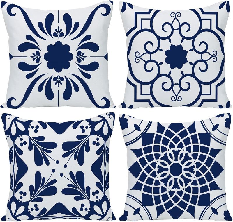 Photo 1 of Dark Blue Geometric Flower Decorative Throw Pillow Covers 18 x 18 Inch, Set of 4 Abstract Couch Pillows for Living Room Square Pillow Cases Patio Sofa Home Decor