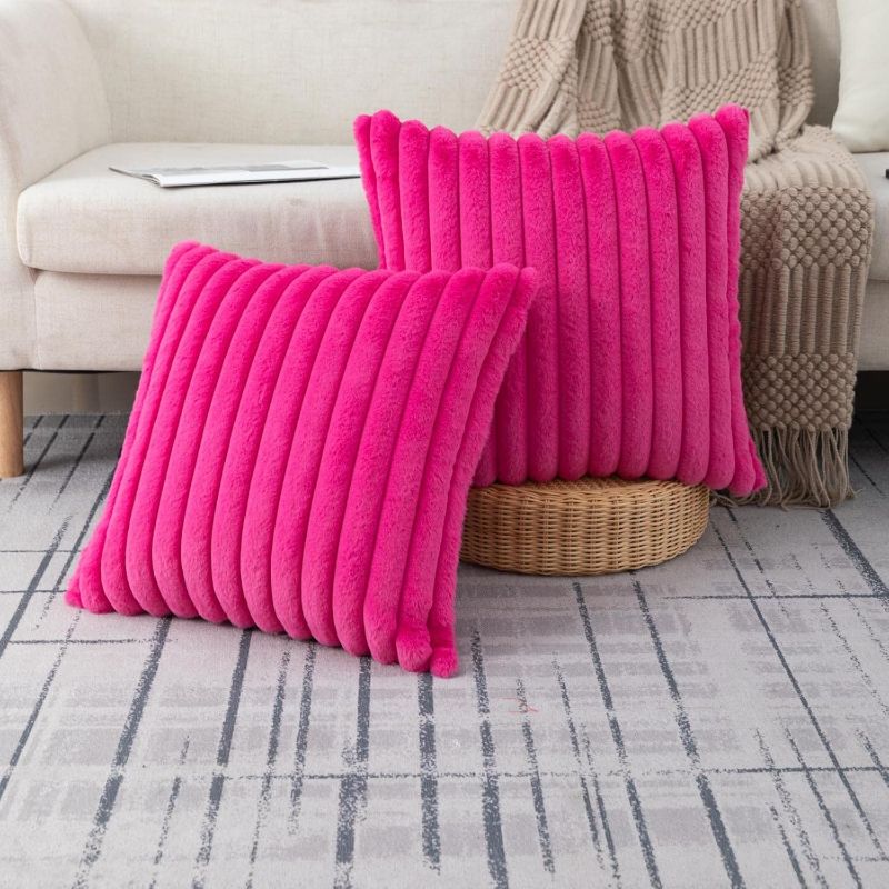 Photo 1 of ZLINA Set of 2 Faux Fur Plush Hot Pink Throw Pillow Covers Fluffy Striped Pillowcase Cushion Covers for Sofa Couch Bedroom 16x16 Inch