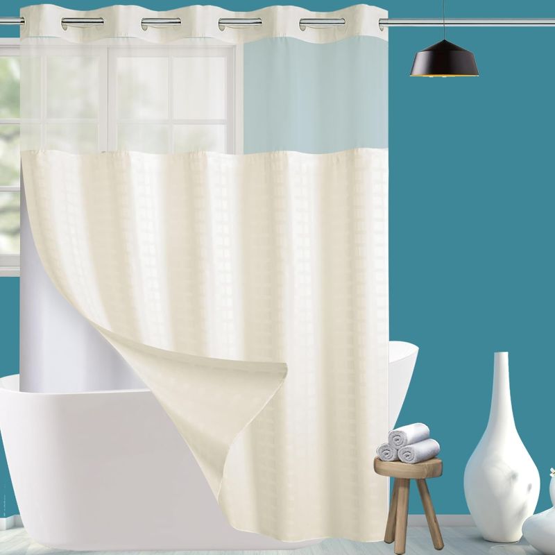 Photo 1 of Conbo Mio Hotel Style Fabric Shower Curtain with Snap in Liner for Bathroom Machine Washable Waterproof Repellent Shower Curtain(Check-Beige,71"(W) x 84"(H))