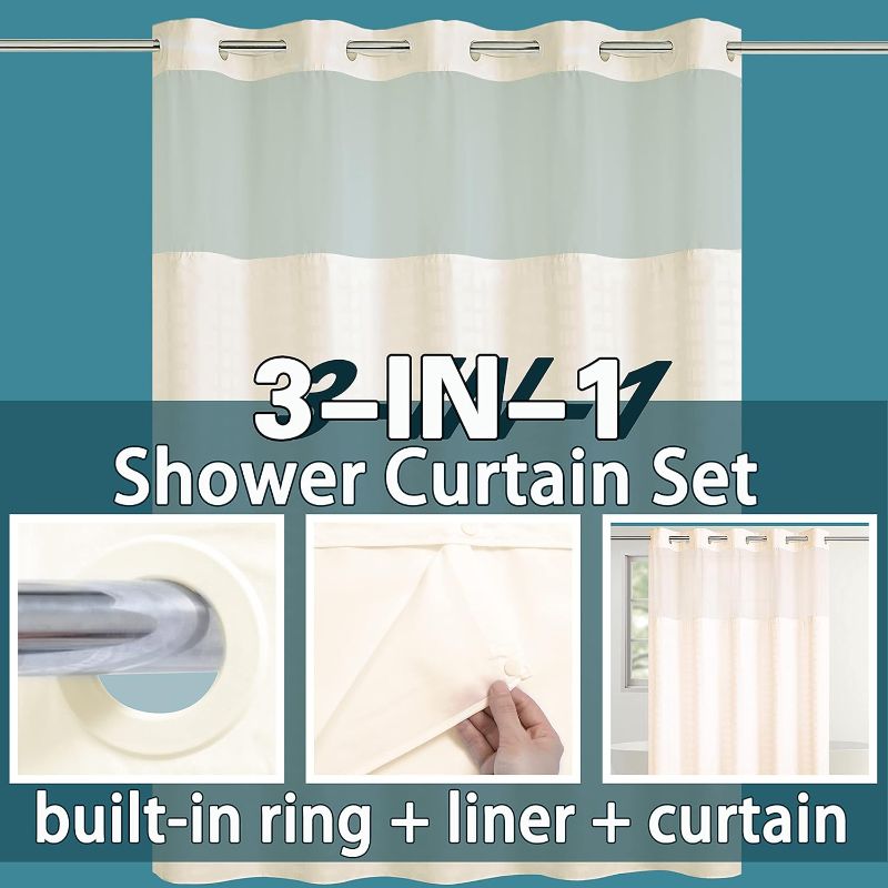 Photo 2 of Conbo Mio Hotel Style Fabric Shower Curtain with Snap in Liner for Bathroom Machine Washable Waterproof Repellent Shower Curtain(Check-Beige,71"(W) x 84"(H))