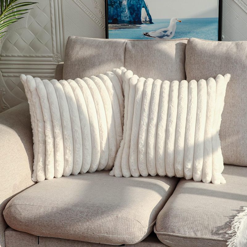 Photo 1 of DEELAND Pack of 2,Double-Sided Faux Fur Plush Decorative Throw Pillow Covers Fuzzy Striped Soft Pillowcase Cushion Covers for Sofa Couch Bedroom White 18x18 inch