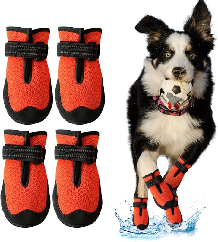 Photo 1 of Dog Shoes for Large Small Medium Dogs - Breathable Dog Boots for Summer Hot Pavement Waterproof Paw Protector for Outdoor Walking (Orange, #1(2.16"*1.57")(L*W) for 11-26 lbs)