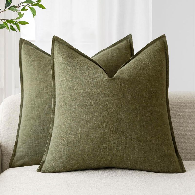 Photo 1 of Foindtower Pack of 2, Decorative Linen Soild Throw Pillow Covers Soft Accent Cushion Case Boho Farmhouse Pillowcase for Chair Couch Sofa Bedroom Living Room Home Decor 18 x 18 Inch Olive Green