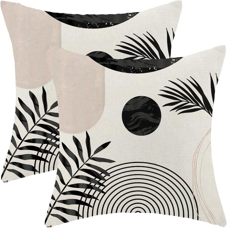 Photo 1 of AEIOAE Boho Summer Pillow Covers 18 x 18 Inch, Black White Beige Leaf Decor Throw Pillows for Couch Bed, Modern Abstract Plant Outdoor Farmhouse Decorative Pillowcase Linen Cushion Cover Set of 2