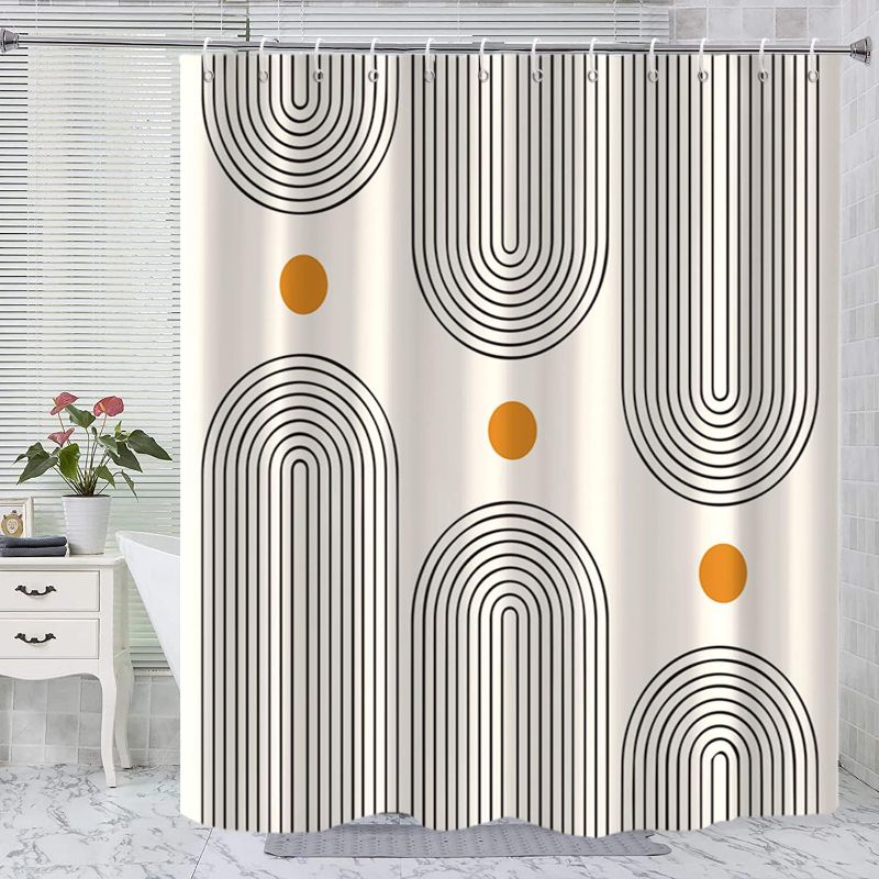 Photo 1 of Boho Mid Century Shower Curtain, Minimalist Abstract Arch Simple Sun Modern Machine Washable Waterproof Fabric for Bathroom Decor Bathtub with 12 Hooks 72x72