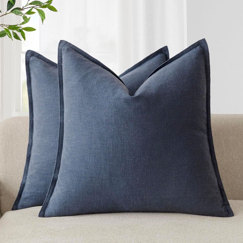 Photo 1 of Foindtower Pack of 2, Decorative Linen Soild Throw Pillow Covers Soft Accent Square Cushion Case Boho Farmhouse Pillowcase for Chair Couch Sofa Bedroom Living Room Home Decor 16 x 16 Inch Navy Blue