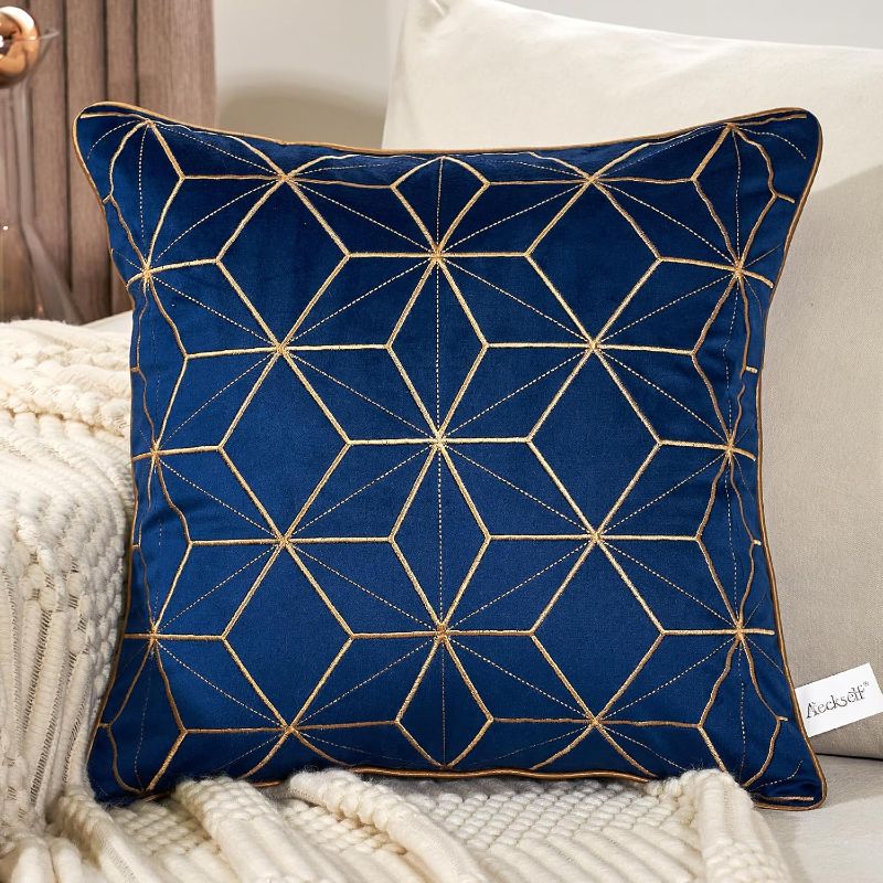 Photo 1 of Aeckself 16 x 16 Inch Navy Blue Gold Plaid Geometric Lines Embroidery Velvet Cushion Case Luxury Modern Square Throw Pillow Cover Decorative Pillow for Couch Living Room Bedroom Car 40 x 40cm