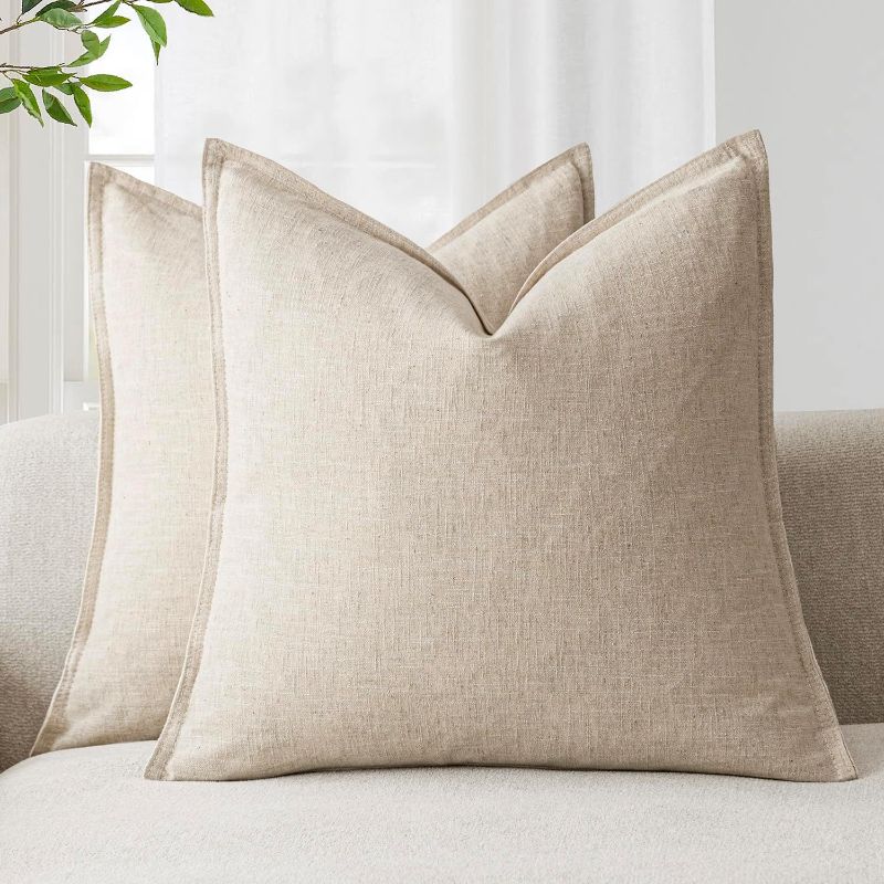 Photo 1 of Foindtower Pack of 2, Decorative Linen Soild Throw Pillow Covers Soft Accent Cushion Case Boho Farmhouse Neutral Pillowcase for Couch Sofa Bedroom Living Room Home Decor 18 x 18 Inch Natural Beige