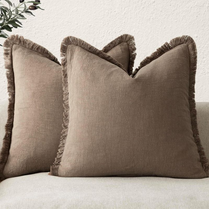 Photo 1 of Foindtower Set of 2 Decorative Linen Fringe Throw Pillow Covers Cozy Farmhouse Boho Cushion Cover with Tassels Soft Accent Pillowcase for Couch Sofa Bed Living Room Home Decor 20×20 Inch Light Brown