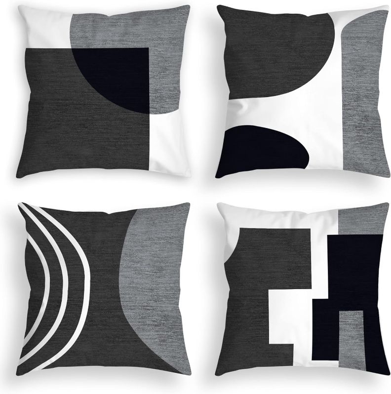 Photo 1 of Set of 4 Black and White Throw Pillows for Couch Black Gray White Silver Boho Decorative Pillow Covers Abstract Geometric Modern Pillowcases 20x20 inches for Bed Bedroom.