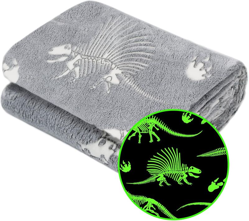 Photo 1 of Glow in The Dark Blanket Dinosaur Throw Blanket for Boys Kids Soft Warm Cozy Cute Dino Blanket Unique Dinosaur Toys Gifts Gray Glowing Dinosaur Room Decor Blankets for Girls Teens 50"x60"