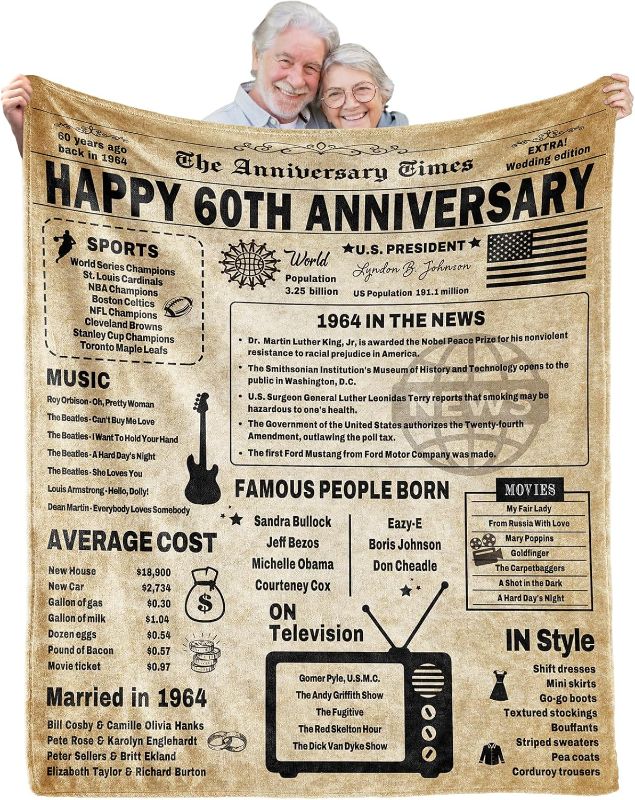 Photo 1 of 60th Anniversary Blanket Gifts Gift for 60th diamond Wedding Anniversary Sixty Years of Marriage Gifts for Couple Wife Husband Dad Mom Parents Grandpa Grandma Grandparents Back in 1964 Blanket 60x50