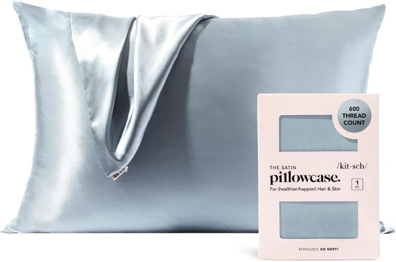 Photo 1 of Kitsch Satin Pillowcase with Zipper for Hair & Skin, Softer Than Silk Pillow Cases Queen, Smooth Pillow Covers, Machine Washable, Wrinkle-Free, Cooling Satin Pillow Cases Standard Size 19x26 Haze Blue