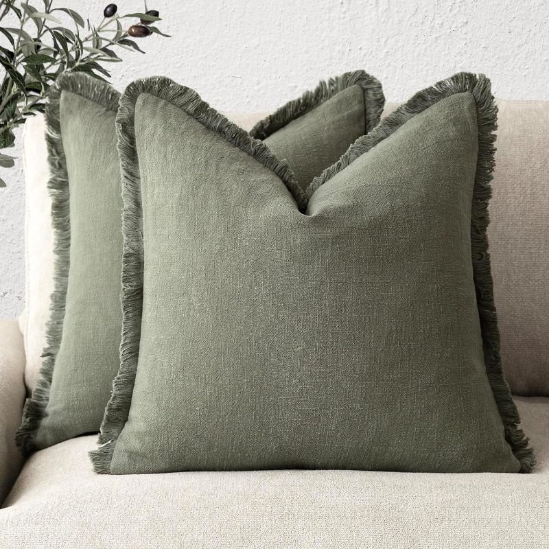 Photo 1 of Foindtower Set of 2 Decorative Linen Fringe Throw Pillow Covers Cozy Boho Farmhouse Cushion Cover with Tassels Soft Accent Pillowcase for Couch Sofa Bed Living Room Home Decor, 22×22 Inch, Olive Green