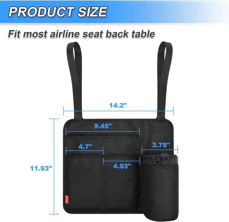 Photo 1 of Airplane Seat Back Organizer & Storage, Airplane Tray Table Cover for Personal Items, Airline Seat Hanging Pockets Media Pouch,Reusable Travel Essentials, Fits Tablets, Cell Phone,Water Bottle (Black)