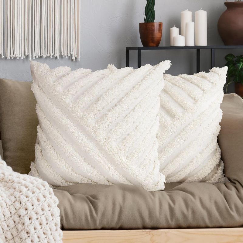 Photo 1 of AELS Boho Decorative Textured Throw Pillow Covers with Tassels 18x18, Set of 2, Modern Geometric Mid Century Striped Tufted Pillow Case, Farmhouse Rustic Woven Cushion Case for Bed Couch Sofa, White