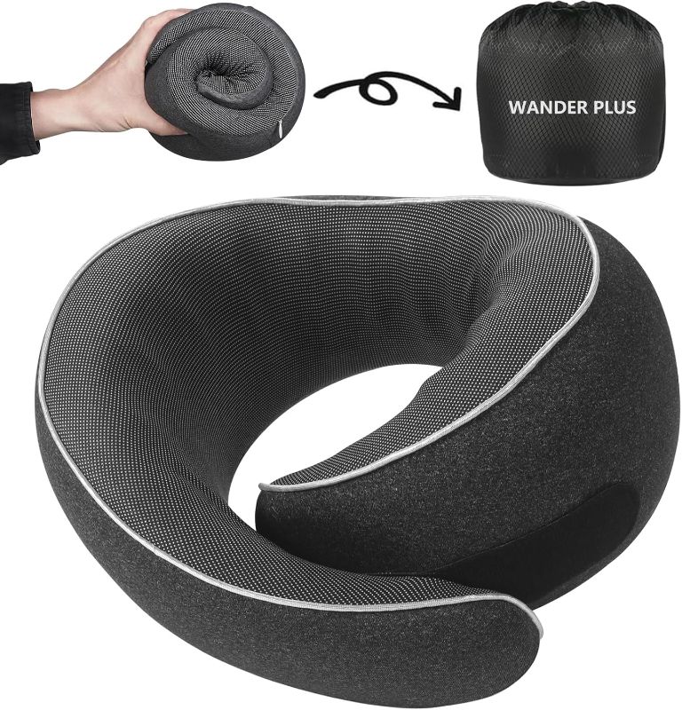 Photo 1 of WANDER PLUS® Genuine Travel Pillow, 100% Pure Memory Foam Neck Pillow for Airplanes, Comfortable Breathable Cover, 360° Support Stowable Pillows for Sleeping, Car, Airport Travel Essentials, Black